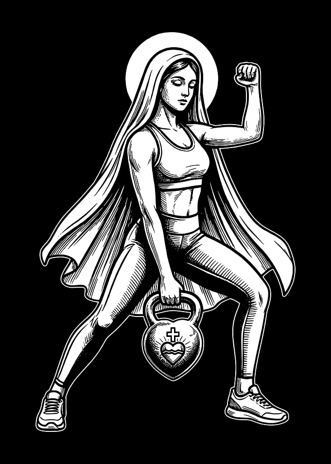 Fit Virgin Mary Lifting Kettlebell
