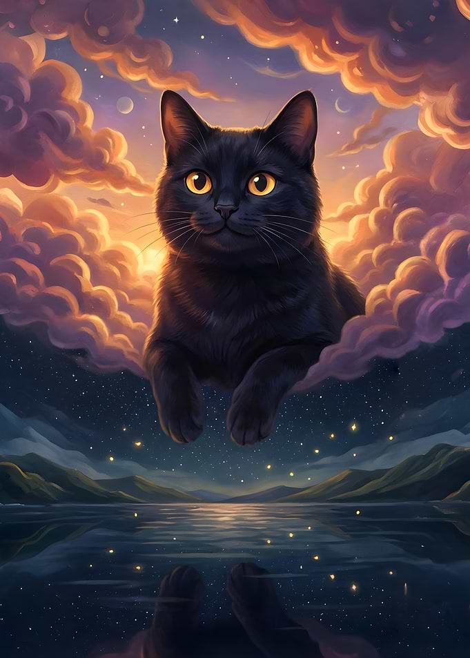 Black Cat in Dreamy Sky