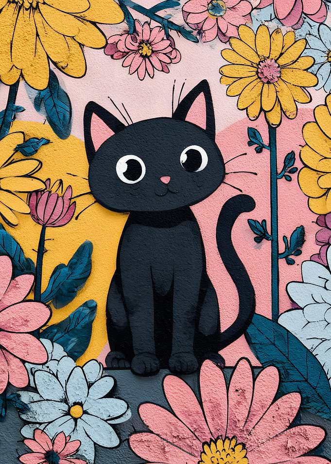 Cute Black Cat Among Flowers