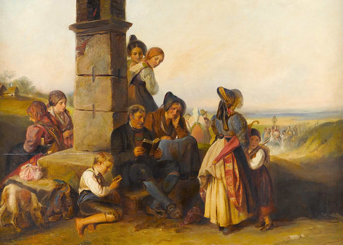 Rural gathering by a stone structure
