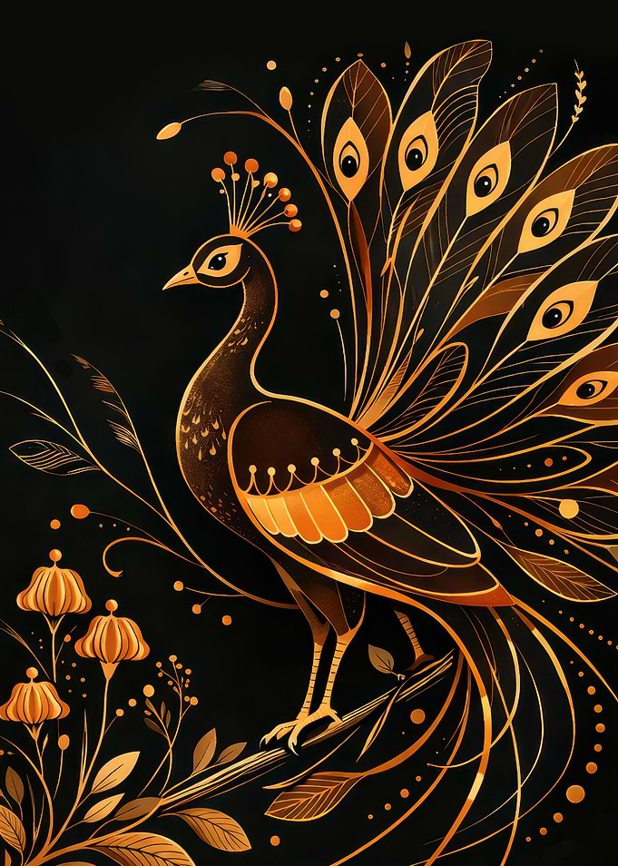 Golden Peacock with Floral Accents