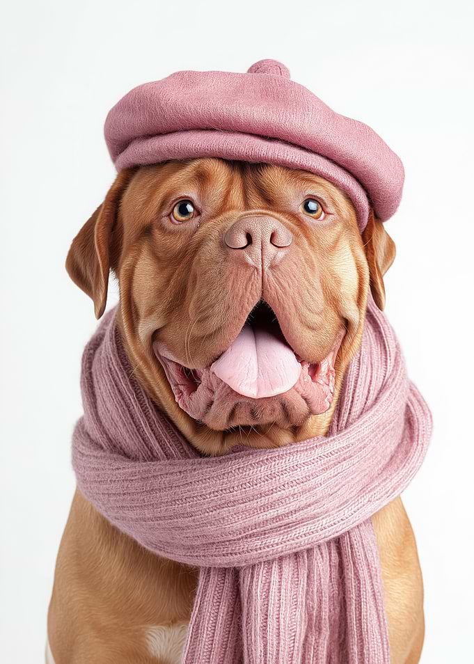 Cozy Dogues de Bordeaux Dog Wearing Pink Beret and Scarf