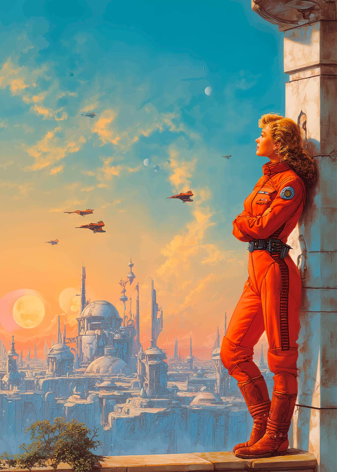 Woman in orange jumpsuit overlooking alien city