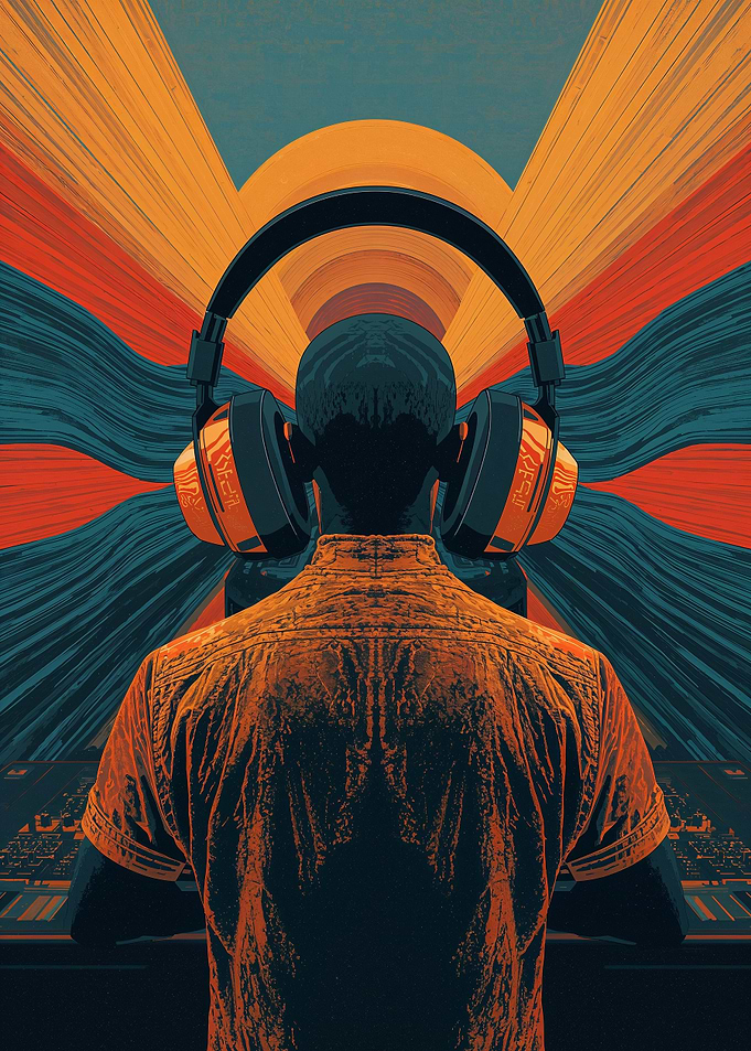 DJ with headphones facing abstract and sunrise-like background
