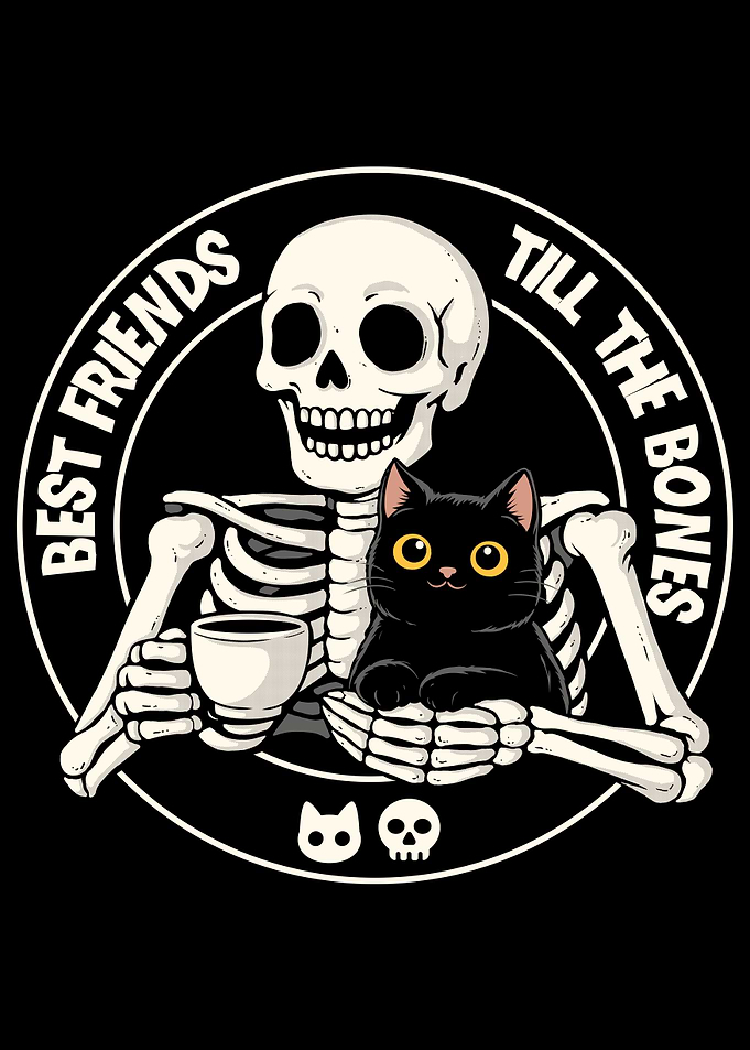 Skeleton and Black Cat Best Friends