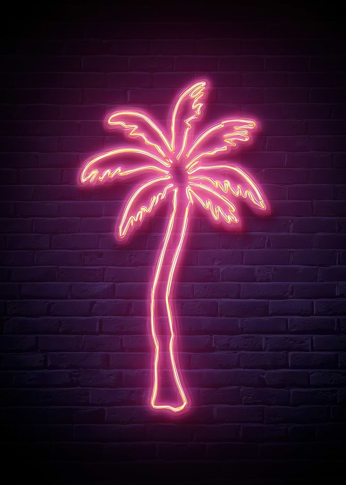 Neon Palm Tree on Brick Wall