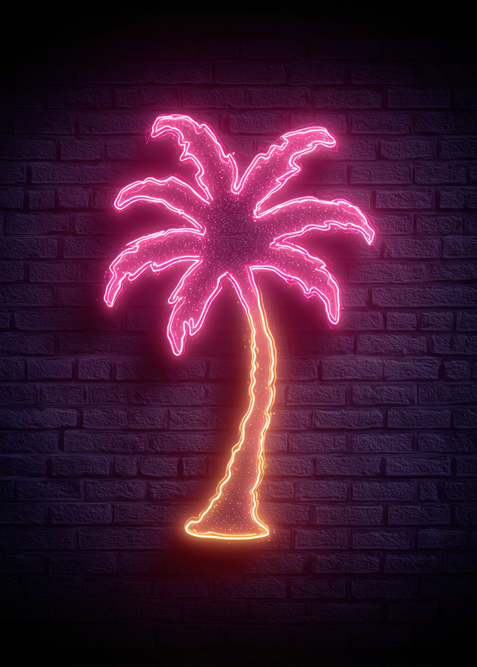 Neon Palm Tree on Brick Wall