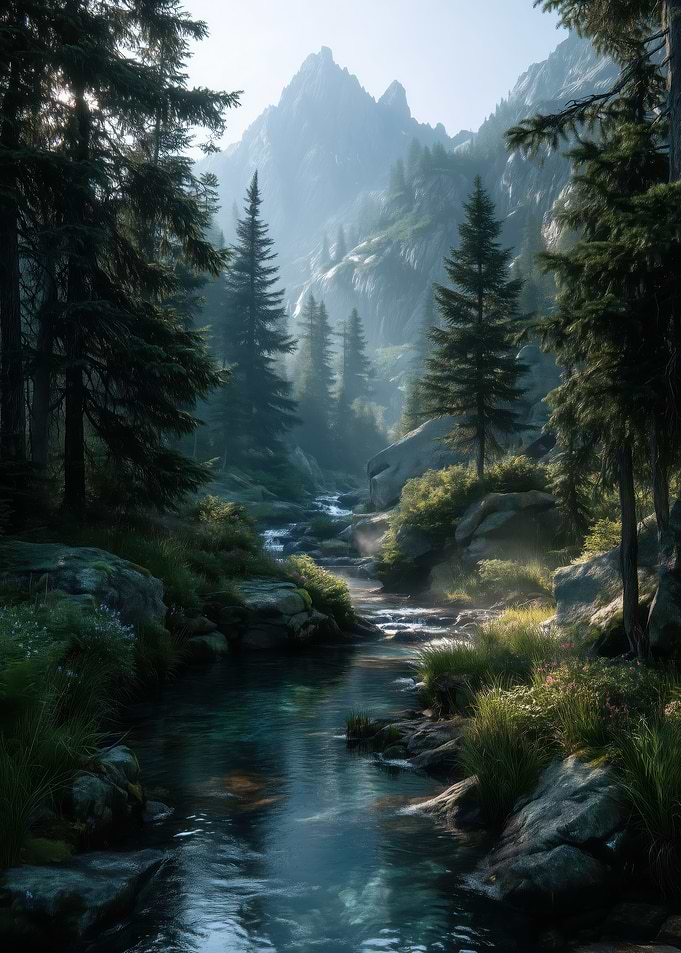Misty Mountain Stream in Forest