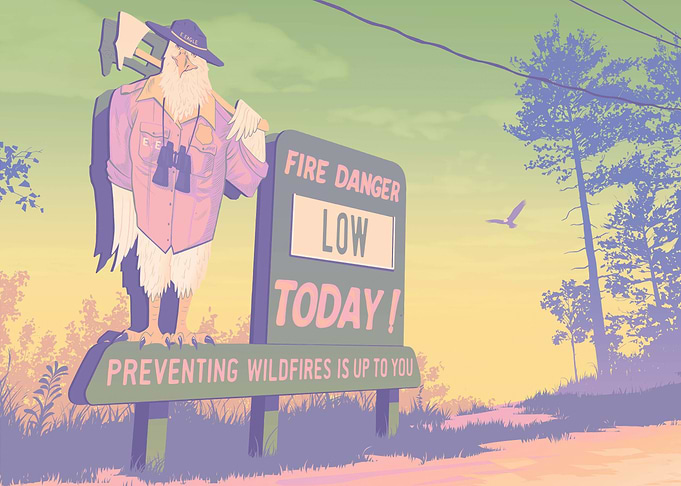 Eagle character with fire danger sign