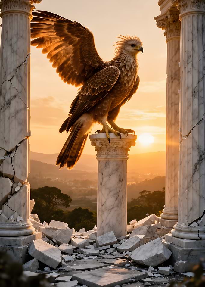 Eagle Perched on Ancient Column at Sunset