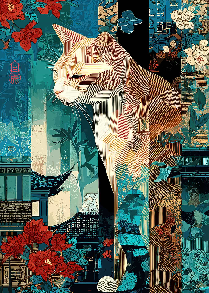 Stylized Cat Amidst Asian Scenery