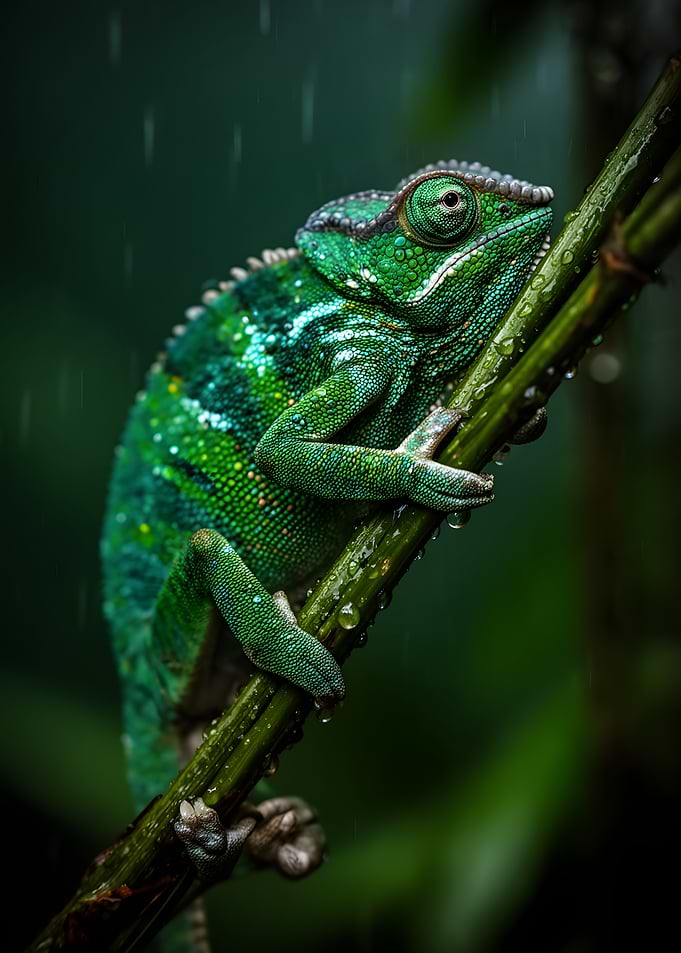 Green Chameleon in Rain