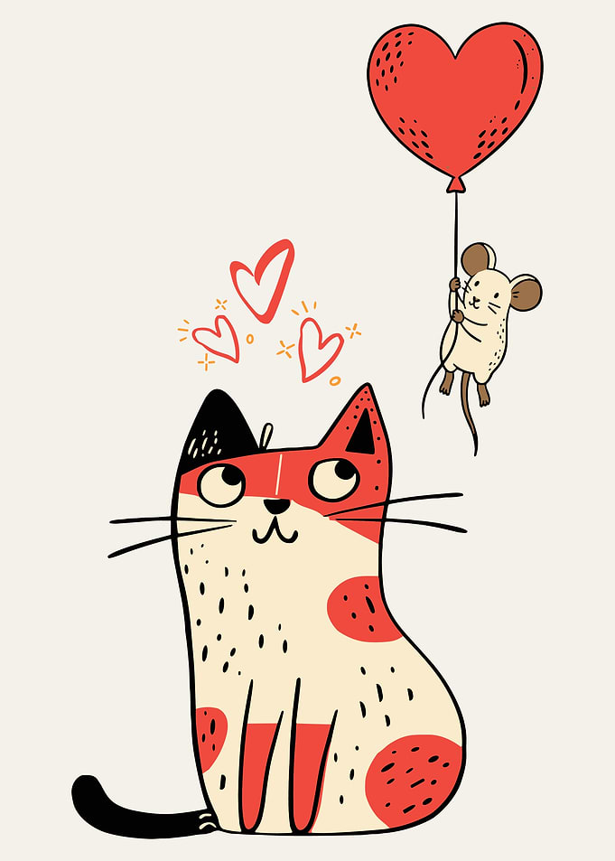 Whimsical Cat and Mouse Poster, Cute Heart Balloon Animal Wall Art Print