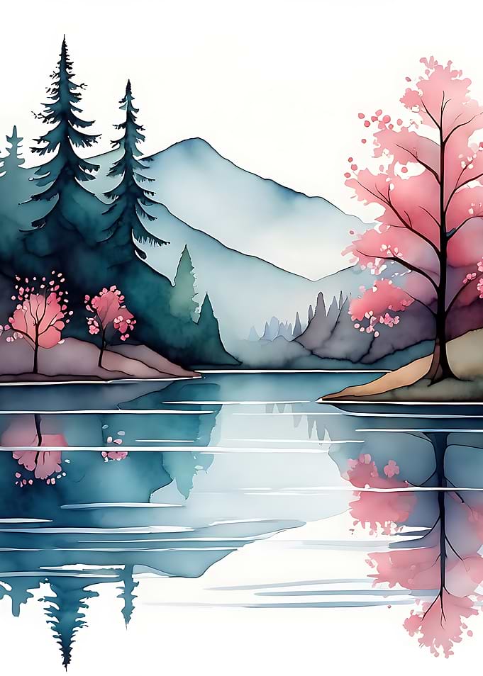 Watercolor Landscape with Cherry Blossoms