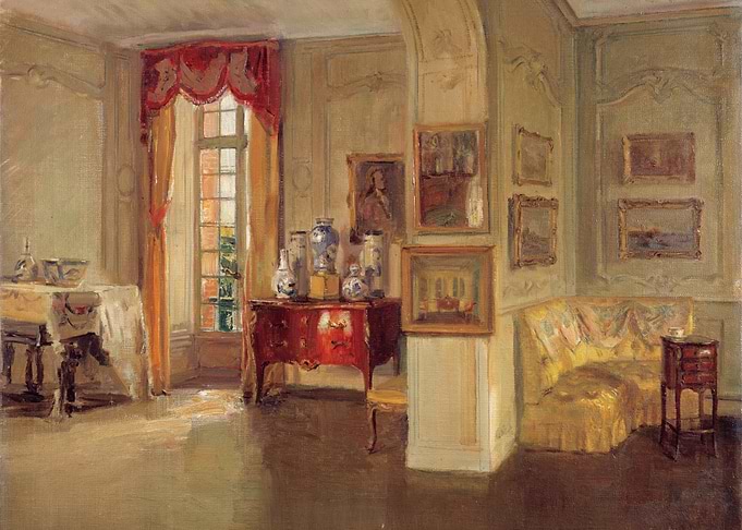 Elegant Interior with Red Chest and Yellow Sofa