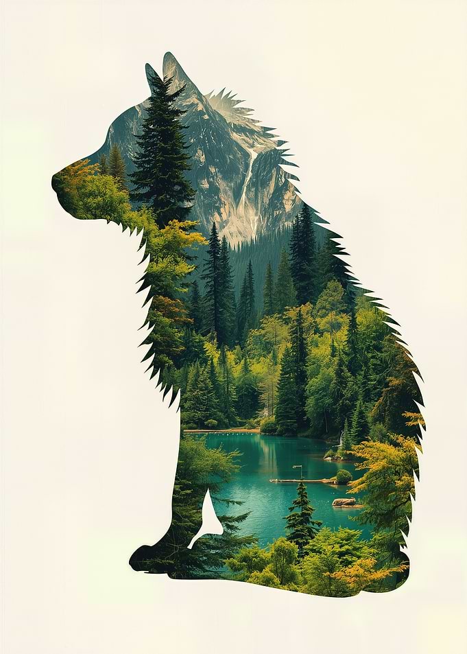 Wolf Silhouette Double Exposure — Mountain Lake Forest Art