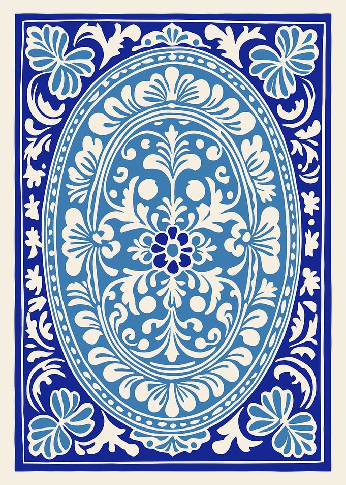 Blue and White Floral Oval Design