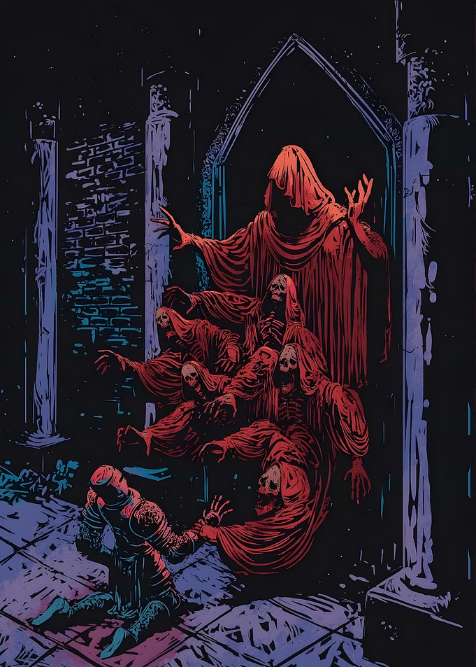 Knight confronts spectral figures
