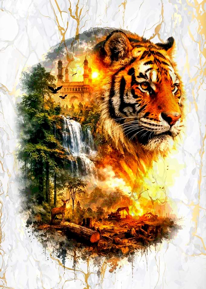 Tiger Overlooking Deforestation and Ancient City