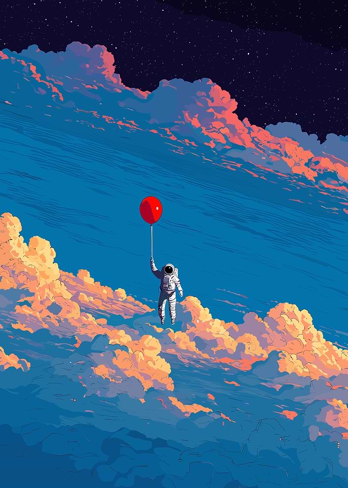 Astronaut with Red Balloon in Clouds