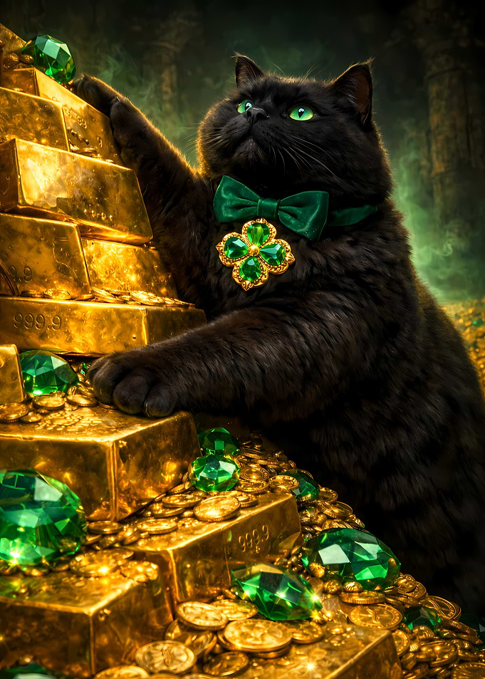 Black Cat St Patrick's Climbing Gold Bullion Emerald Papillon Golden Medal