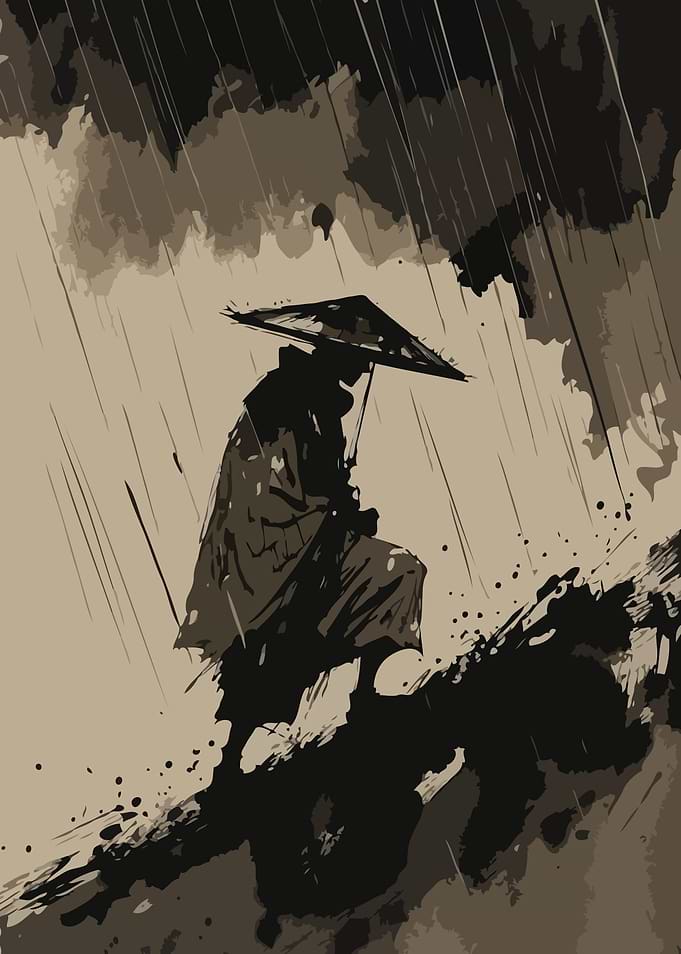 Samurai in the Rain Vintage Art