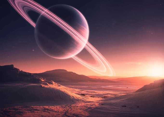 Alien Planet Landscape with Saturn-like Planet