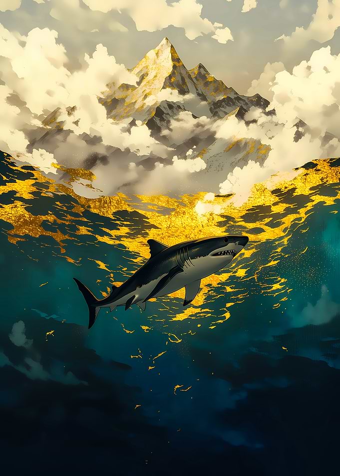 Shark swims below mountains