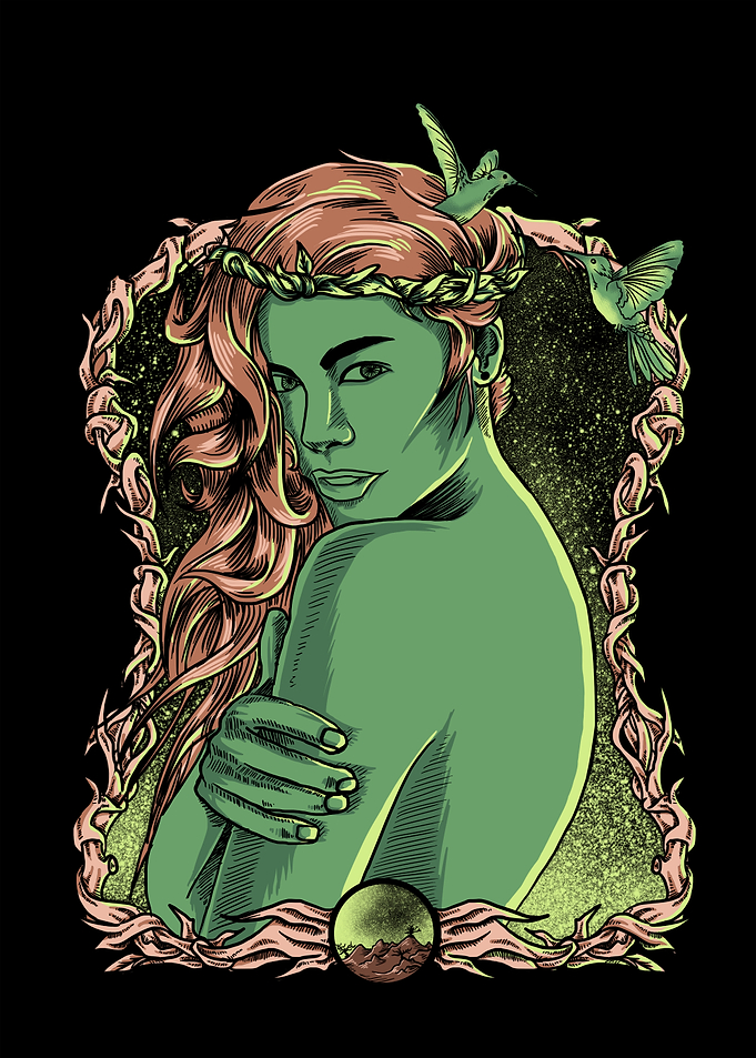 Green Woman with Hummingbirds