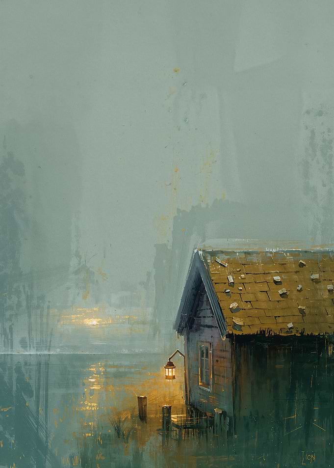 Misty Lakeside Cabin at Sunset