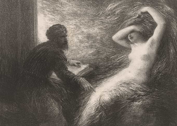 Artist sketching a nude figure