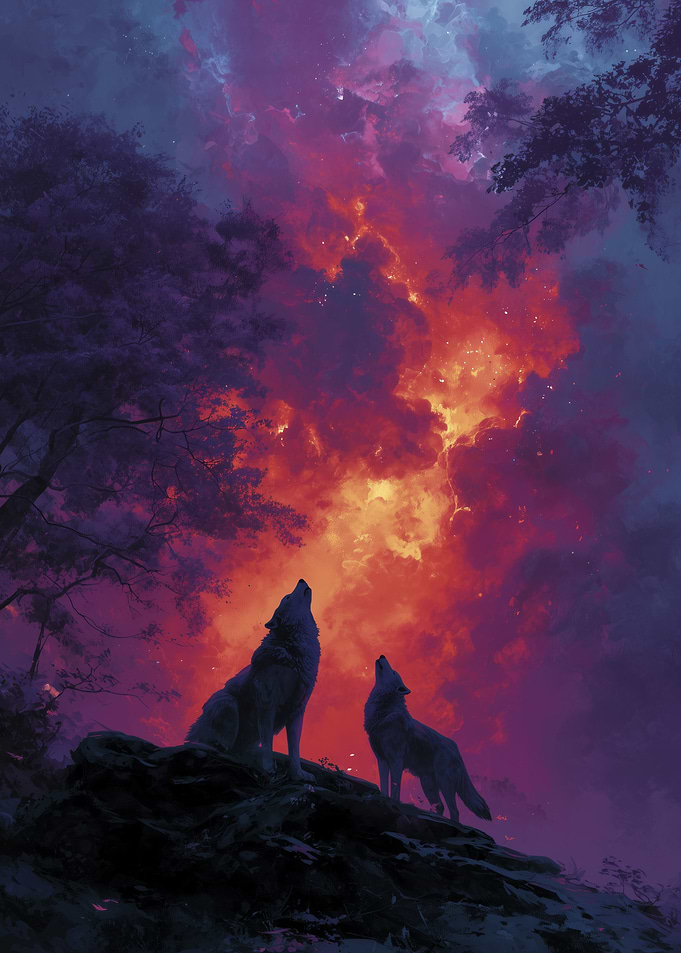 Wolves howling at a fiery sky