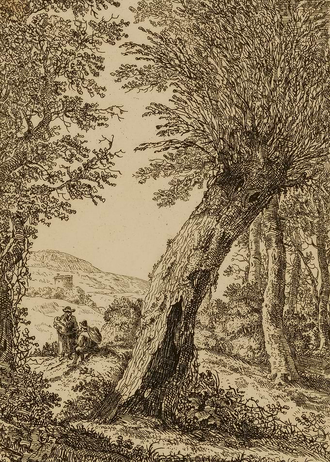 Two figures in a pastoral landscape