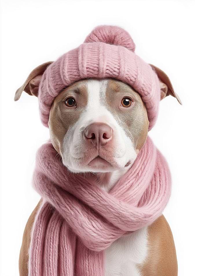 Cozy American Staffordshire Terrier Dog Wearing Pink Winter Hat and Scarf