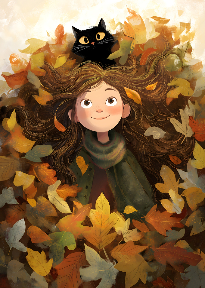 Girl and Black Cat in Autumn Leaves