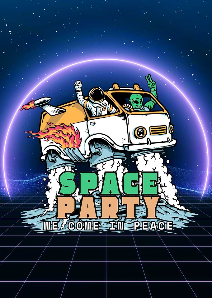 Space Party Van with Astronaut and Alien
