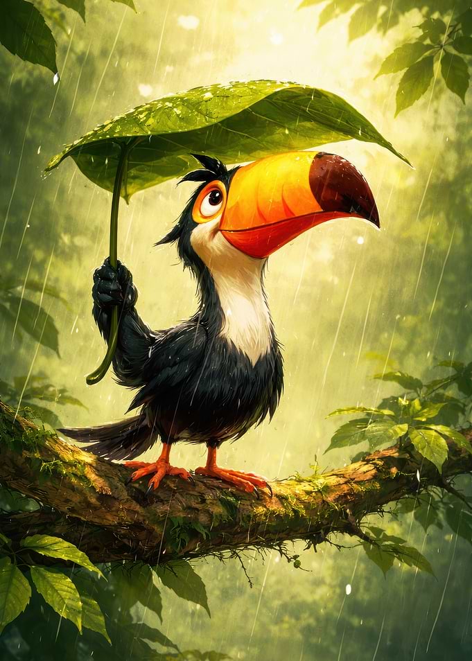 Toucan with Leaf Umbrella in Rain