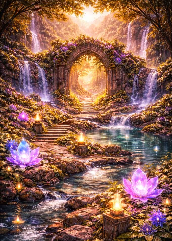Forest Bridge with Waterfalls