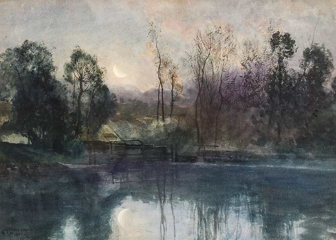Moonlit River Landscape Painting