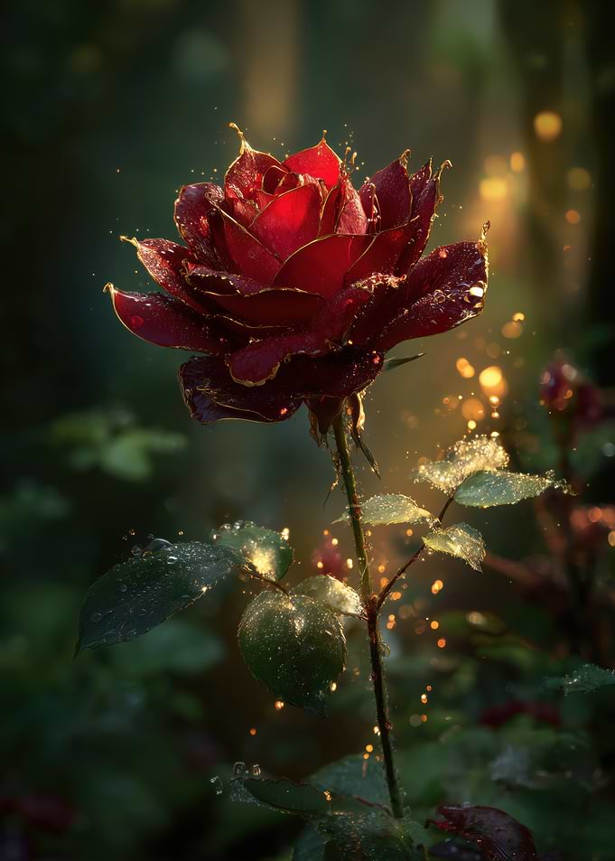 Enchanted Red Rose with Golden Sparkles