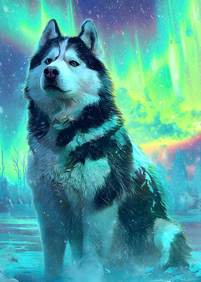 Husky Under Aurora Borealis