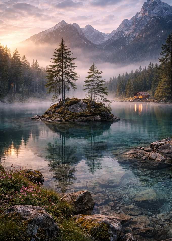 Misty Mountain Lake Sunrise