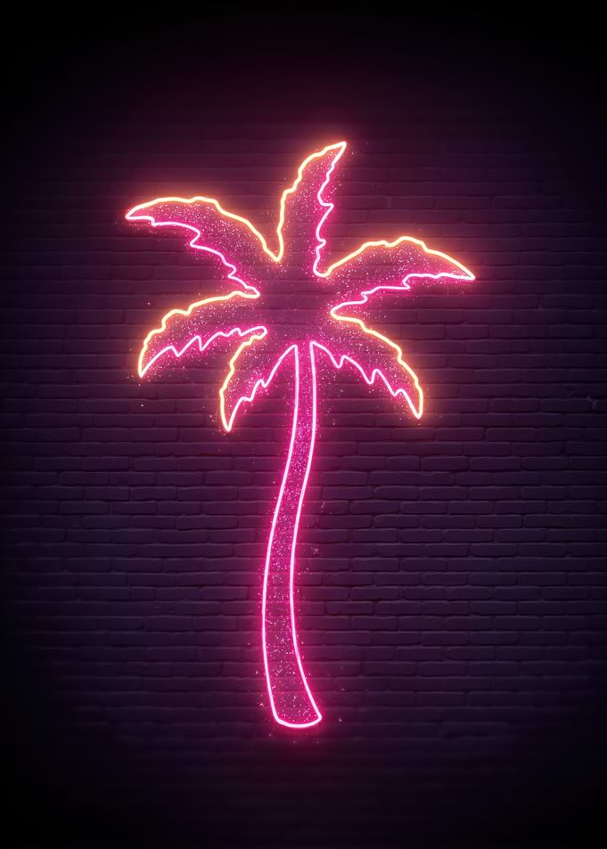Neon Palm Tree on Brick Wall
