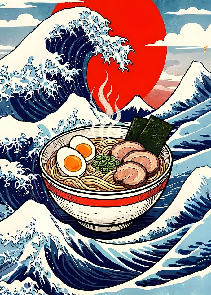 Ramen Bowl Amidst Great Wave