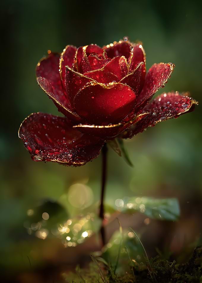 Gilded Red Rose with Dewdrops