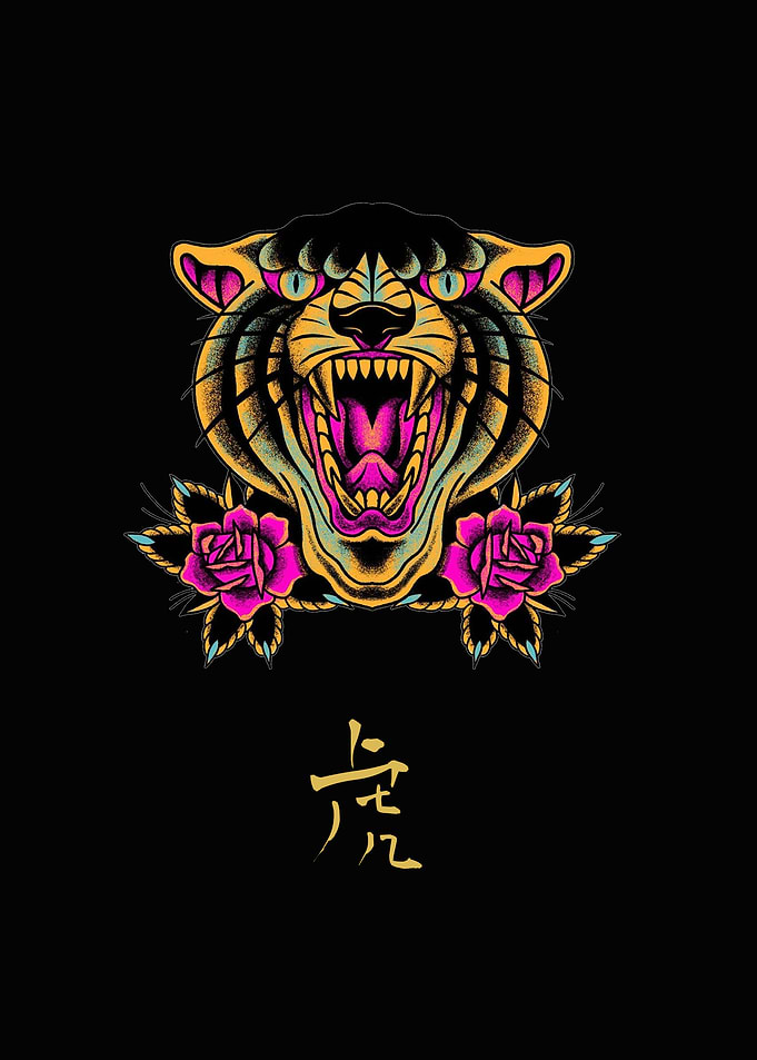 Roaring Tiger with Roses