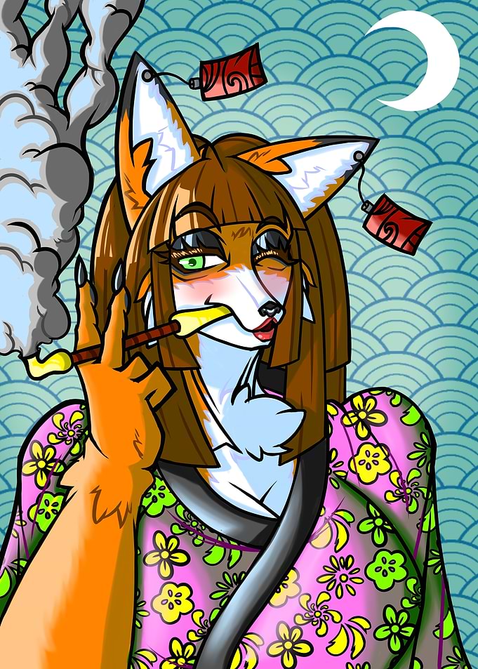 Fox Woman Smoking with Japanese Background