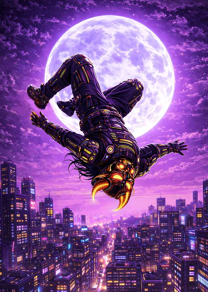 Cyberpunk Demon Breakdancer Over City - Neon Ronin Poster (Cyber Samurai Edition)