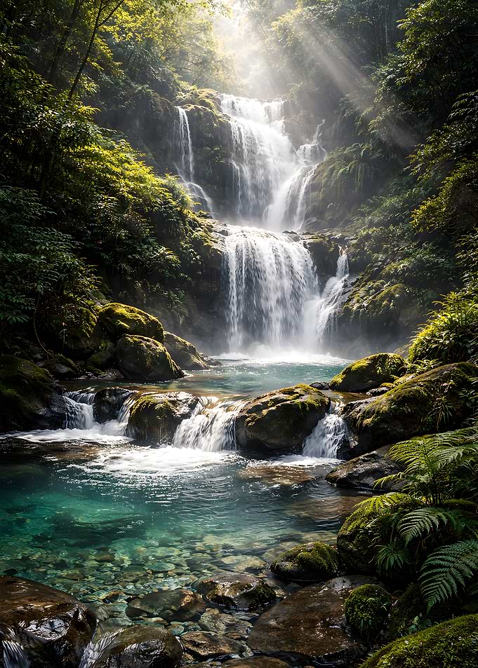Lush Waterfall in a Tropical Forest