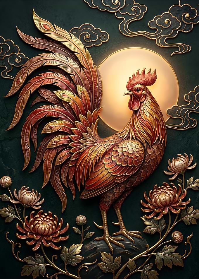 Golden Rooster with Moon and Flowers
